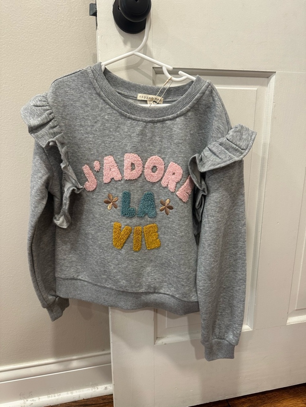 Dillards Copper Key Gray Ruffled Sweatshirt with Colorful Chenille Text - YS